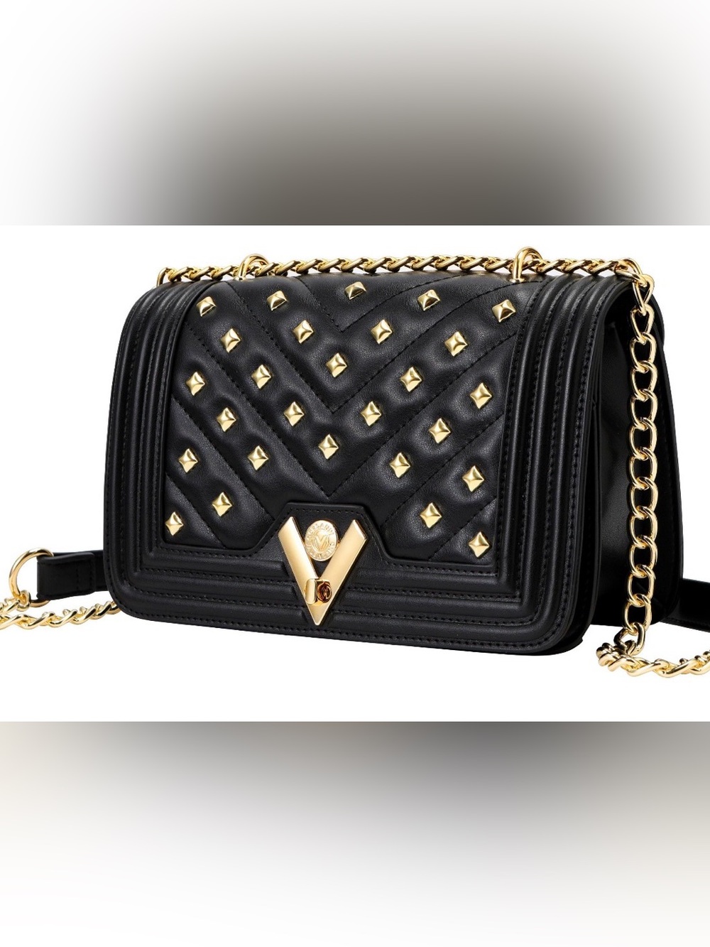 Valentino Orlandi Black Quilted Shoulder Bag with Gold Studs